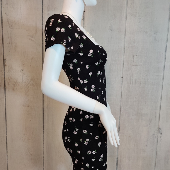 Forever 21 Blk Floral Ribbed Bodycon Dress Size M - Picture 4 of 12